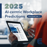 Person holding iPad reading document called "2025 AI-centric Workplace Predictions" 