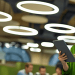 woman holding ipad looking at man who is pointing at ipad standing in a room with large circular light fixtures