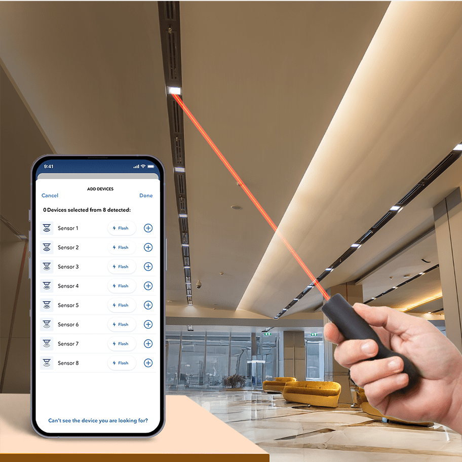 Point laser at sensors to commission them, saving time and removing ambiguity.