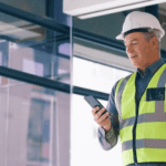 A man wearing a yellow safety vest and a white hard hat is looking down at his iPhone